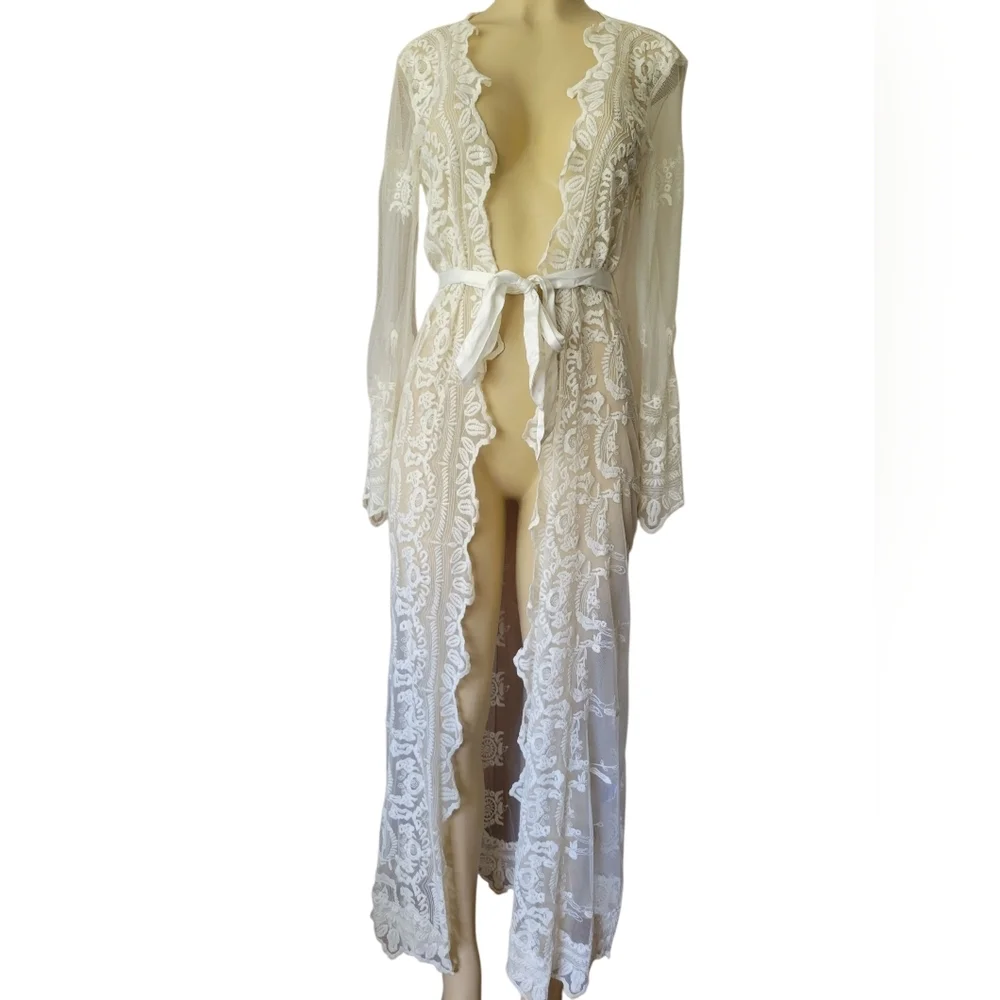 HOMEBODII White Sheer Lace Robe White XS BHLDN Wedding Honeymoon Bridal Lingerie - Picture 3 of 6
